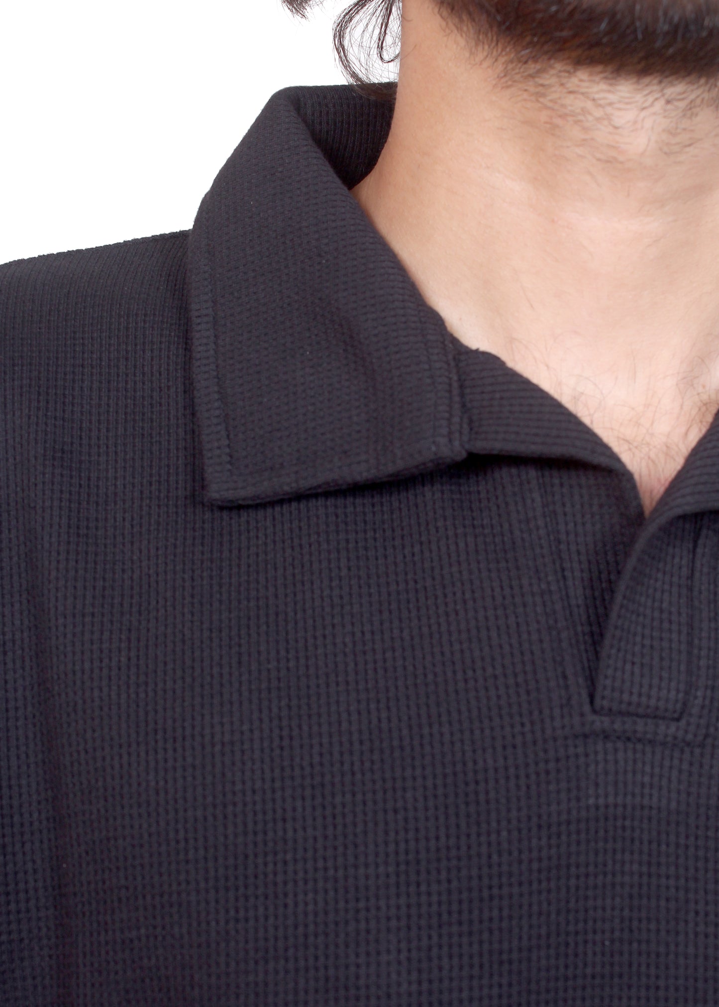 Black Textured Thermal Polo for Men