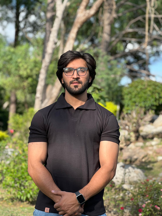 Black Textured Thermal Polo for Men