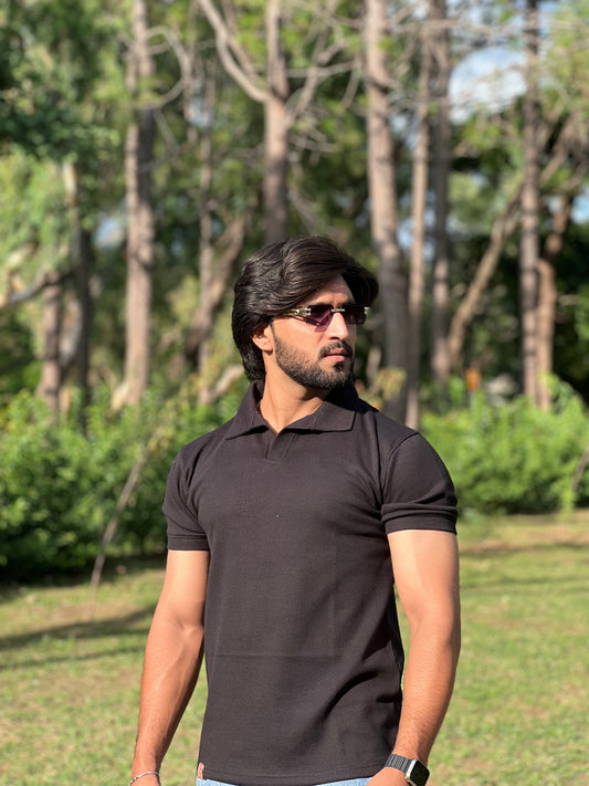 Black Textured Thermal Polo for Men