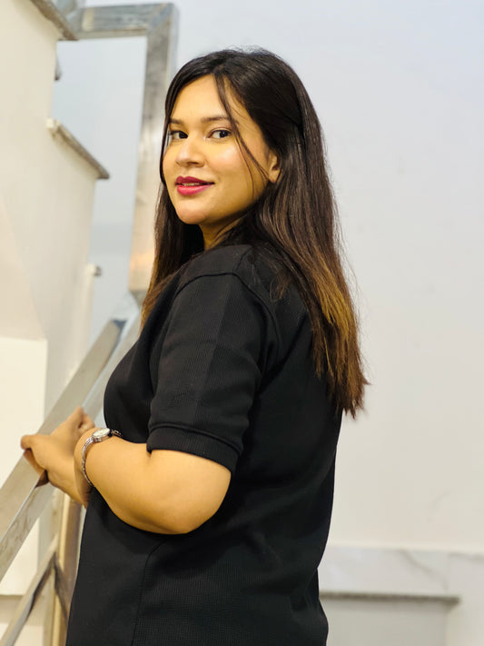 Black Textured Thermal Polo for Women