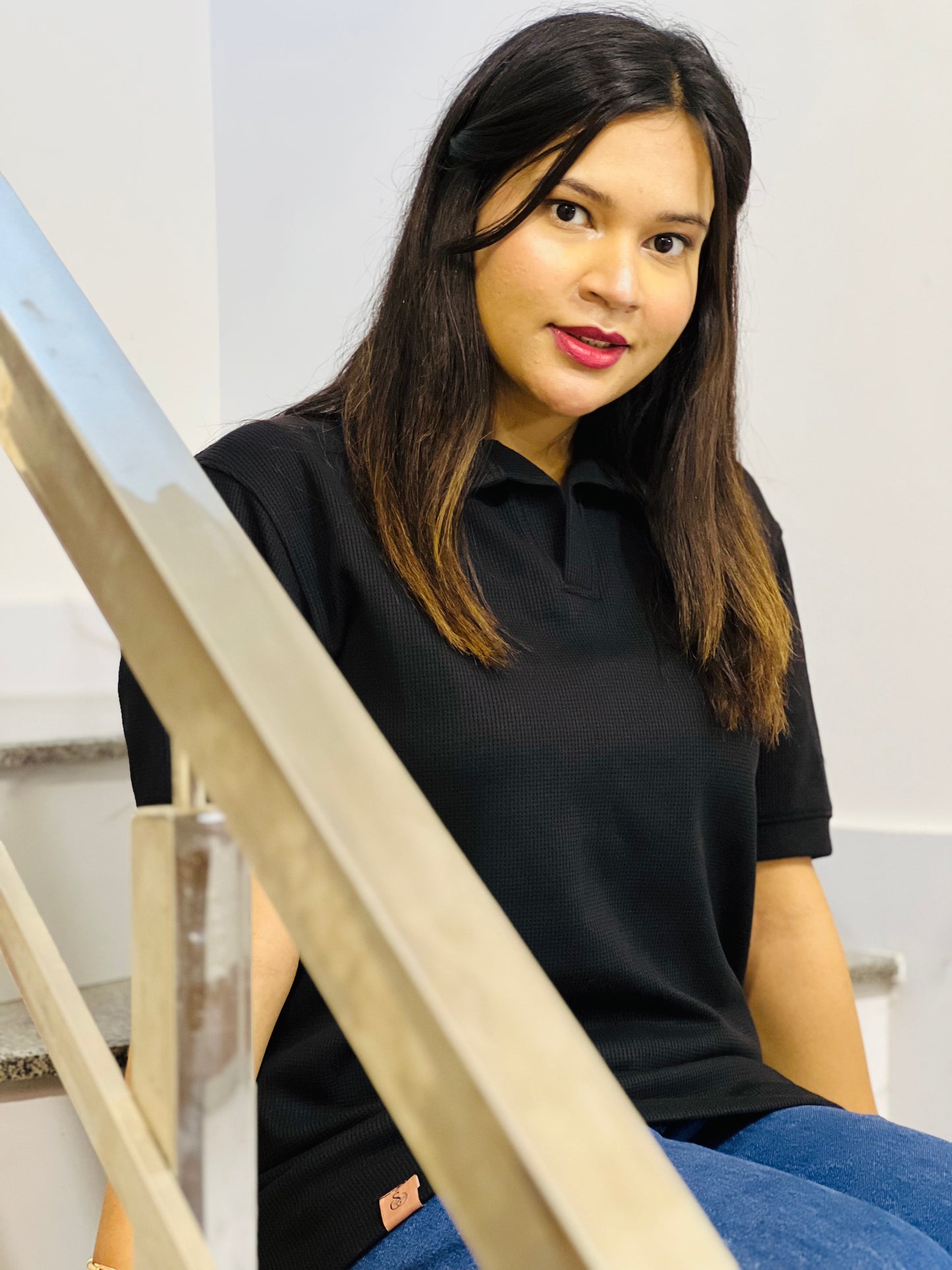 Black Textured Thermal Polo for Women