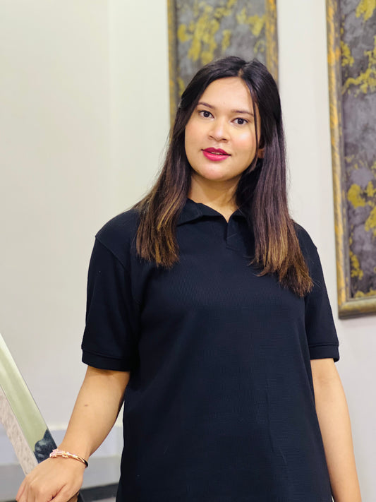 Black Textured Thermal Polo for Women