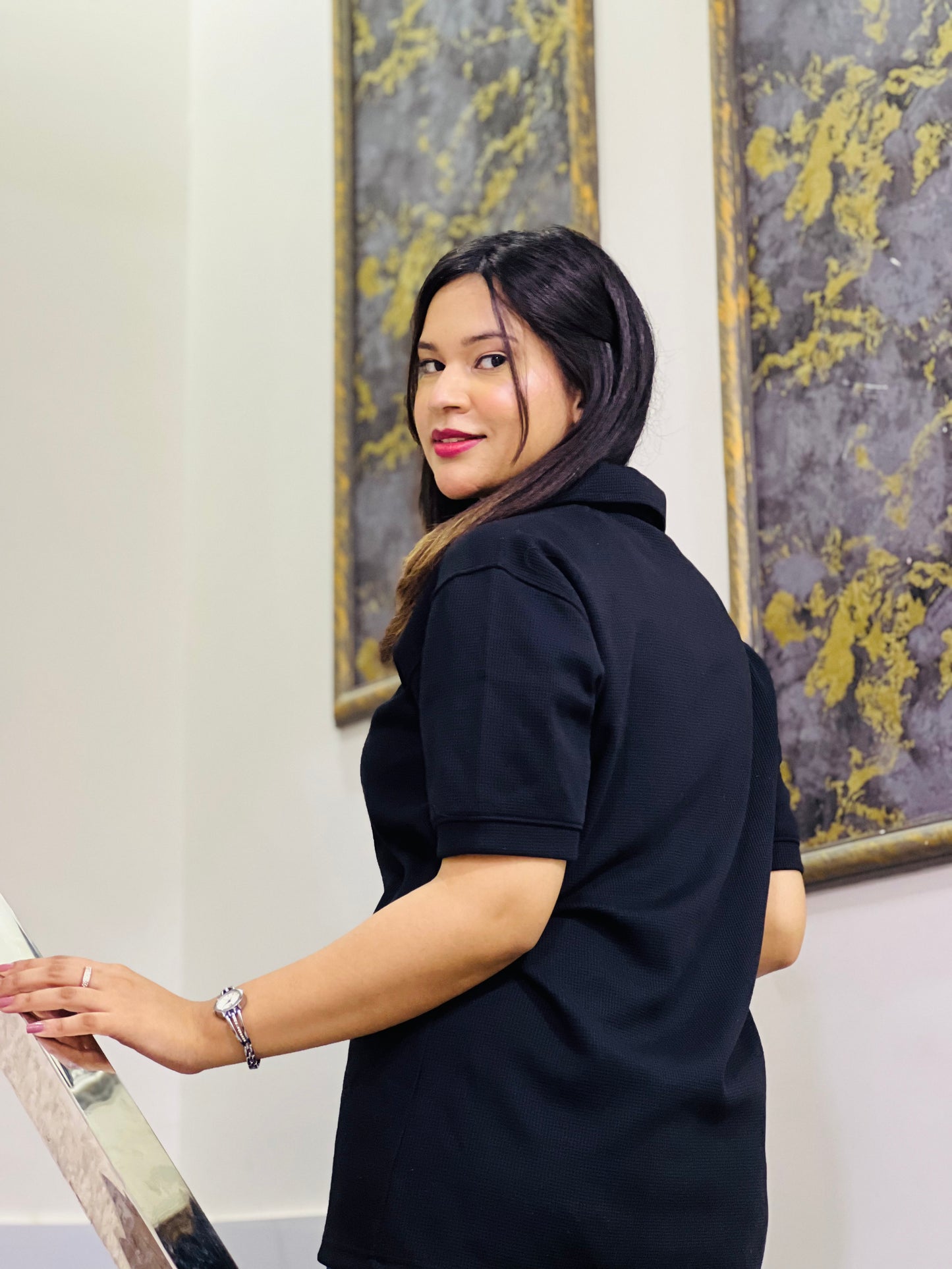 Black Textured Thermal Polo for Women