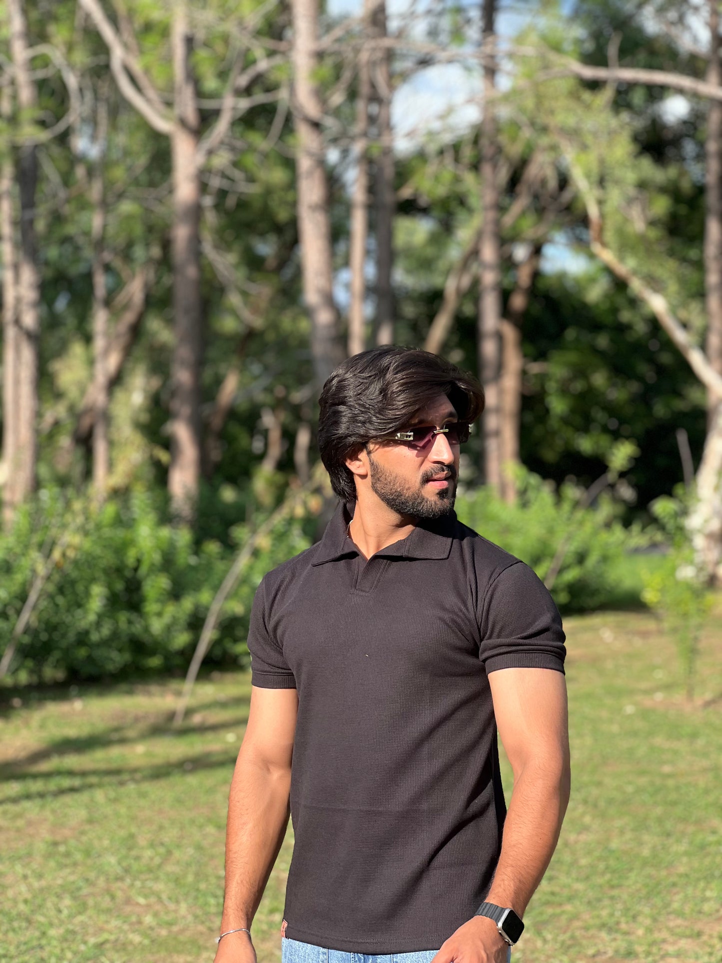 Black Textured Thermal Polo for Men