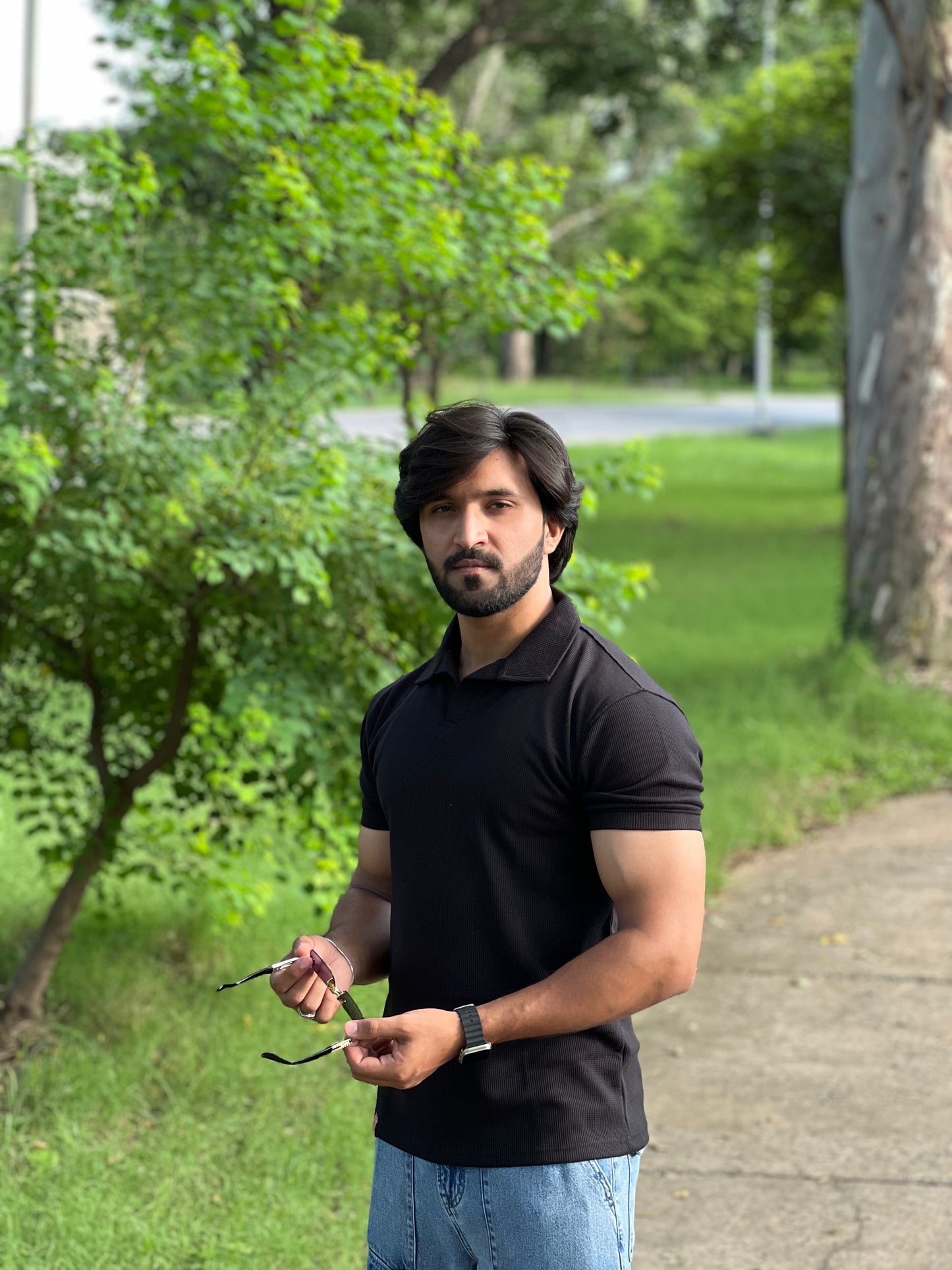Black Textured Thermal Polo for Men